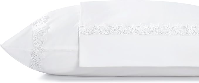 Linen Home 100% Cotton Percale Fluer Lace Pillowcases Queen/Standard Size, White, 2 Pieces of Pillow Case, Crisp and Cool Strong Bed Linen, 20 inches X 30 inches