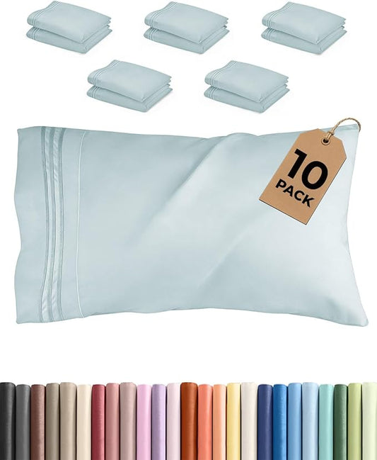 Queen Pillow Cases Set of 10 - Ultra Soft Hotel Quality Pillowcase Covers - Comfy, Cozy & Wrinkle Free - Shrink, Stain and Fade Resistant - Machine Washable Pillow Protectors - 10 Piece Set - Ice Blue