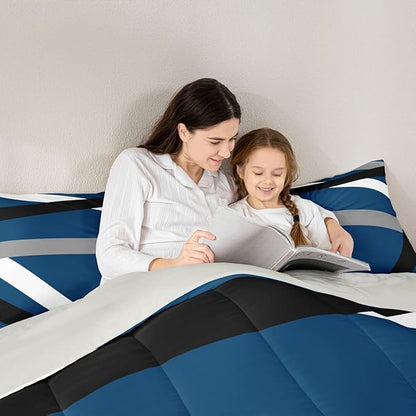 Erosebridal Blue Gray Black Striped King Bedding Set Modern Abstract Comforter Set for Adult Women Men Geometric Lines Bed Collections Aesthetic Boho Duvet Quilt Sets
