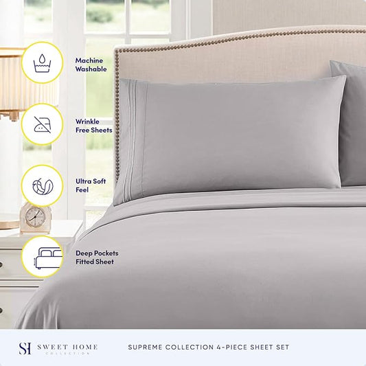 RV Queen Bed Sheets - Breathable Luxury Sheets with Full Elastic & Secure Corner Straps Built In - 1800 Supreme Collection Extra Soft Deep Pocket Bedding Set, Sheet Set, RV Short Queen, Silver
