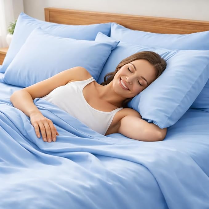 Mattress-Homes Queen Sheet Set 6 Piece – 100% Egyptian Cotton Sheets, Hotel Luxury Collection, 18 Inch Deep Pocket Queen Bed Sheets Set with 4 Pillowcases, Light Blue Solid