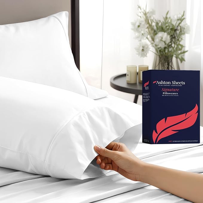 Ashton Sheets 100% Egyptian Cotton Queen Pillow Cases Set of 2 - Luxury 1200 Thread Count Pillow Cases Queen Size (White), Soft, Cooling Hotel Collection Pillowcases, Fits Queen Standard Pillow