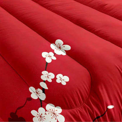 Red Oriental Comforter Set King Size Japanese Style Cherry Blossom Bedding Set for Girls Kids Teens 3 Pieces Asian Vintage Floral Bedding Soft Lightweight Comforter with 2 Pillowcases