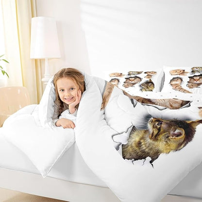Erosebridal 3D Kitten Bedding Set King Size Kawaii Cats Comforter Set for Kids Men Women Paw Cute Pet Animal White Orange Comforter Warm Soft Quilt Insert