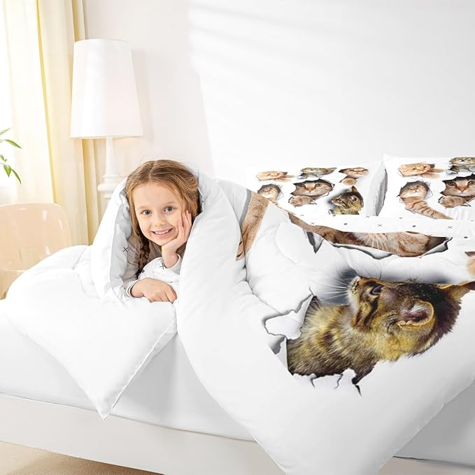 Erosebridal 3D Kitten Bedding Set Toddler Size Kawaii Cats Comforter Set for Kids Men Women Paw Cute Pet Animal White Orange Comforter Warm Soft Quilt Insert