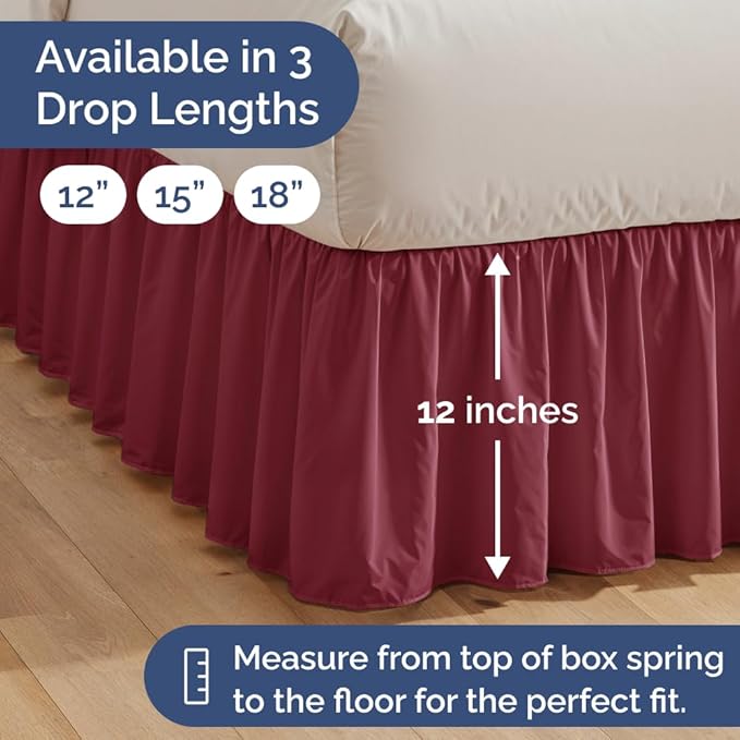 Bedskirt Queen Size Ruffle - 12 inch Drop Dust Ruffle Bed Skirt with Platform - Ultra-Soft, Easy Fit, Premium Hotel Quality - Wrinkle, Fade & Shrink Resistant - For Women, Men, Kids & Teens - Burgundy