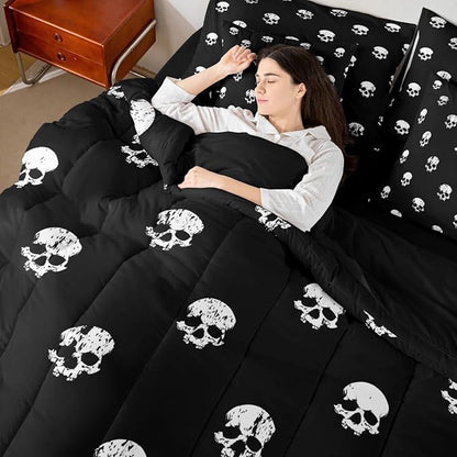 Castle Fairy 7 Pcs Skull Decor Bedding Sets with Sheets,Comforter,Pillowcases,Pillow Covers Human Skull Graffiti Print Comforter Set for Kids Teens Adults Bedroom Dorm Bed Set King Size