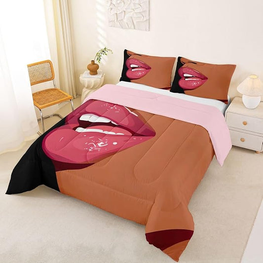 Erosebridal Black Girls Pink Bedding Set for Kids African Black Women King Comforter Set Vogue Fashion Gorgeous Duvet Insert for Girls Women Teens Minimalist Romantic Makeup Quilt with 2 Pillow Cases