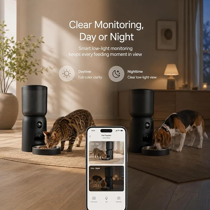Automatic Cat Feeder with Camera, 2K WiFi App-Controlled Pet Feeder | 2K Dual-Camera Monitoring, 2.4/5GHz WiFi, App Control, Motion Tracking, Portion Control, Dual Power, 6L Capacity