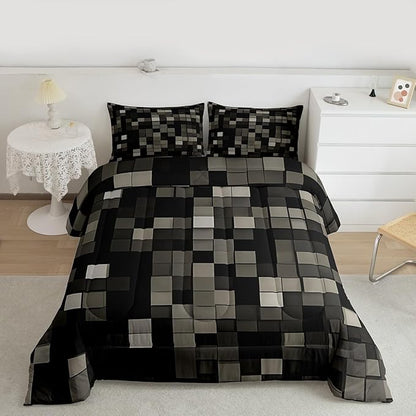 Manfei Pixelated Kids Comforter Set Twin Size,Patchwork Grid Video Games Bedding Set Boys Girls Room Decor,Lattice Abstract Simple Quilt Comforter,Dark Gray Duvet Set Bedroom Quilt Set,1 Pillowcase