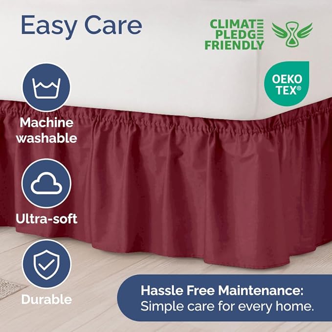 Wrap Around Dust Ruffle Bed Skirt - Burgundy - for King Size Beds with 21 Inch Drop - Easy Fit Elastic Strap - Adjustable Pleated Bedskirt w/Brushed Fabric Wrinkle Free - for Women, Men, Kids & Teens