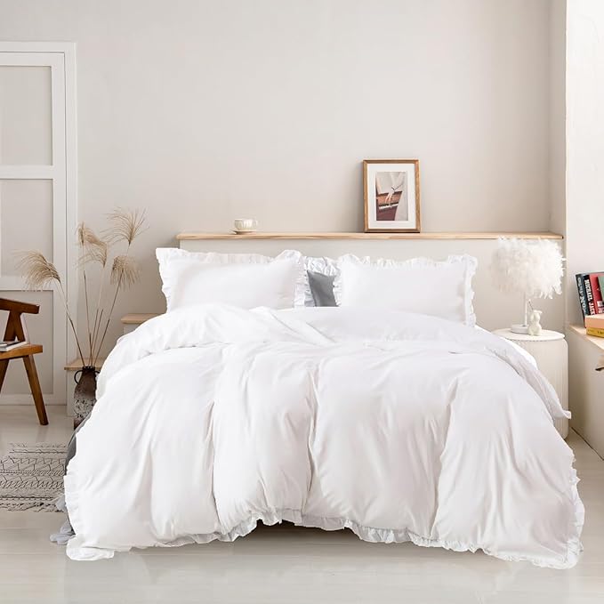 Luxlovery White Ruffle Comforter Set Full Farmhouse Boho Bedding Comforter Set Plain White Shabby Chic Solid Blanket Quilts Vintage Rustic Bedding Set with Ruffles for Full Bed