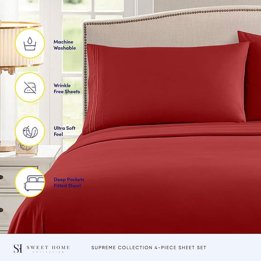RV Queen Bed Sheets - Breathable Luxury Sheets with Full Elastic & Secure Corner Straps Built In - 1800 Supreme Collection Extra Soft Deep Pocket Bedding Set, Sheet Set, RV Short Queen, Red