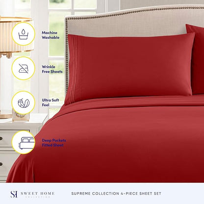 Split King Sheets - Breathable Luxury Sheets with Full Elastic & Secure Corner Straps Built In - 1800 Supreme Collection Extra Soft Deep Pocket Bedding Set, Sheet Set, Split King Size, Red