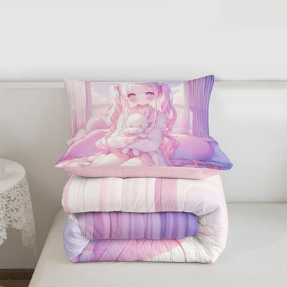 Erosebridal Romance Girly Comforter Set for Kids Boys Girls Anime Girl Bedding Japanese Girl Duvet Set Cute Cartoon Bear Comforter Full with 2 Pillowcases