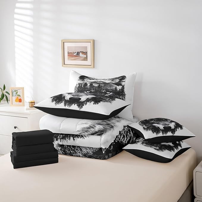 Feelyou Wolf Comforter Set 7 Pieces King Size Fishing and Hunting Bedding Set for Boys Girls Wildlife Bed in a Bag with Comforter, Sheets, Pillowcases & Cushion Covers