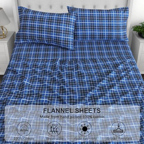 RUVANTI Flannel Sheets Set Split King Size, Blue Plaid
