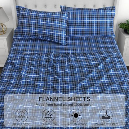 RUVANTI Flannel Sheets Set Split King Size, Blue Plaid