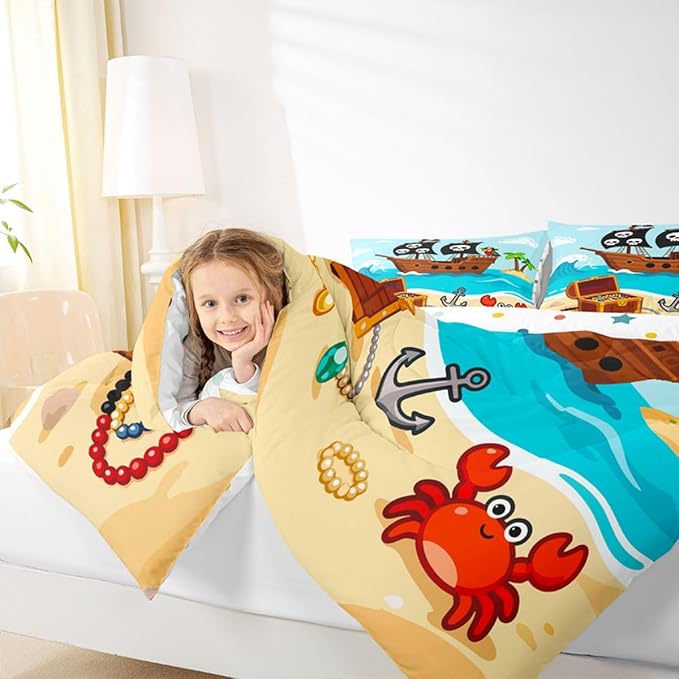 Cartoon Pirate Ship Bedding Set,Cartoon Parrot Crab Coastal Creature Comforter Set for Kids Teens Adults,Nautical Sailing Ocean Theme Comforter Duvet Set with 2 Pillowcases Full Size 3 Pcs