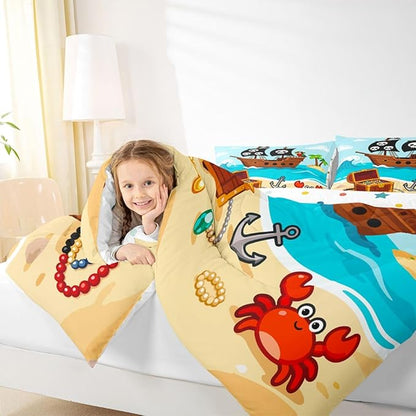Cartoon Pirate Ship Bedding Set,Cartoon Parrot Crab Coastal Creature Comforter Set for Kids Teens Adults,Nautical Sailing Ocean Theme Comforter Duvet Set with 2 Pillowcases Full Size 3 Pcs