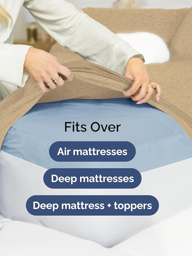 Extra Deep Split King Sheet Set - 7 Piece Breathable and Cooling Sheets - Hotel Luxury Bedding for Women, Men, Kids & Teens - Easy Secure Fit - Soft & Wrinkle Free - Extra Deep Pockets - Heathered Tan
