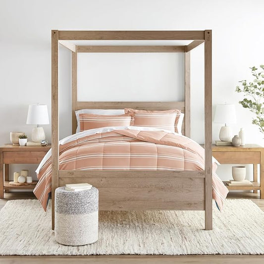 LINENS & HUTCH Comforter Set Patterned Microfiber All Season Down-Alternative Ultra Soft Bedding in Soft Stripe - King/Cal-King Soft Stripe Rose