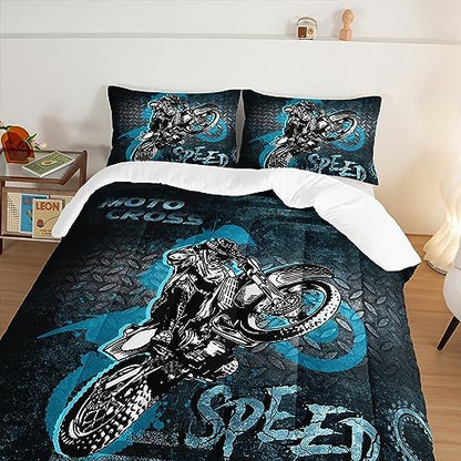 HOSIMA Dirt Bike Comforter Motocross Rider Bedding Set for Race Car Bed,American Flag Motorbike King Size Comforter Set Extreme Sport Bedding for Boys Teens Mens Bedroom Essentials.