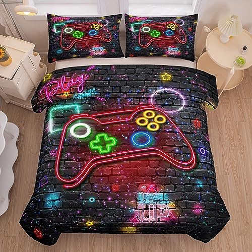 NINENINE Gaming Bedding Sets for Boys 5PCS Queen Size Gaming Comforter Gampad Contoller Video Kids Teens Black Bedding Comforter Sheet Set(1Comforter, 1Flat Sheet, 1Fitted Sheet, 2Pillowcases)