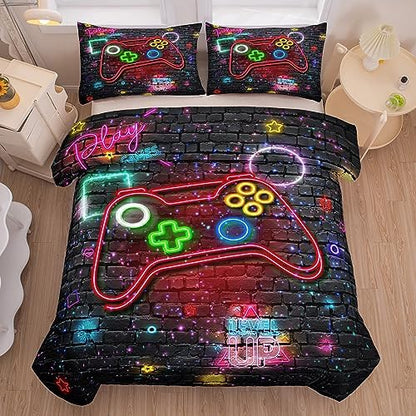 NINENINE Gaming Bedding Sets for Boys 5PCS Queen Size Gaming Comforter Gampad Contoller Video Kids Teens Black Bedding Comforter Sheet Set(1Comforter, 1Flat Sheet, 1Fitted Sheet, 2Pillowcases)