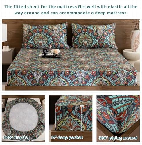 QSH Boho Sheets King Size - 100% Egyptian Cotton Bohemian Patterned Sheets Printed Bedding King Size Bed Sheets 17.5" Extra Deep Pocket 4pcs