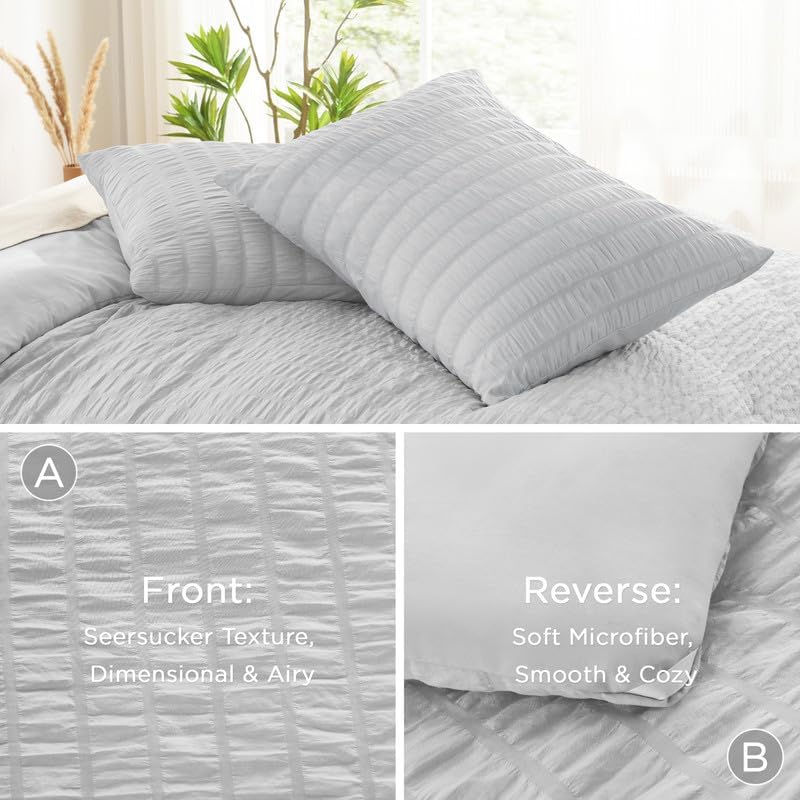 AveLom Light Gray Seersucker California King Comforter Set (104x96 inches), 3 Pieces-100% Soft Washed Microfiber Lightweight Comforter with 2 Pillowcases, All Season Down Alternative Bedding Set