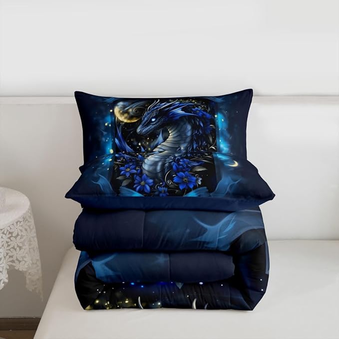 Feelyou Dragon Bedding Set Soft for Boys Girls, Wild Life Comforter Set Full Size Jungle Dragon Duvet Quilt Microfiber Wild Animal Bedroom Decor Dull Blue 3 Pcs with 2 Pillow Cases