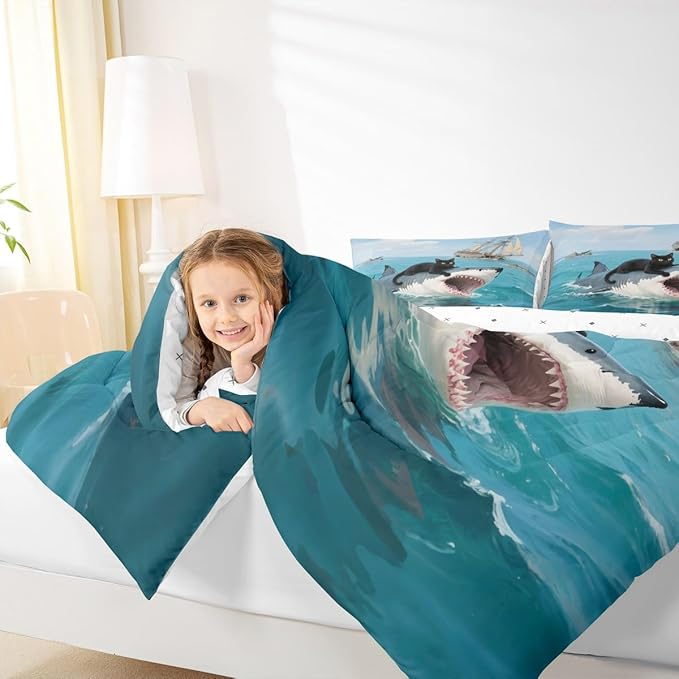 Erosebridal Black Cat Quilt Insert Twin Size Shark Bedding Set for Kids Girls Boys Safari Kitten Sea Waves Marine Nautical Blue Comforter Warm Soft Comforter Set