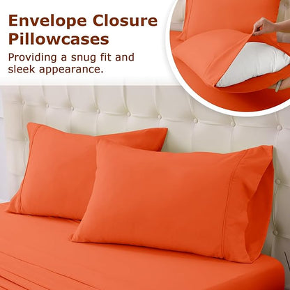 Queen Size Terracotta Bed Sheet Set - 4 Piece Soft Microfiber Sheets with Deep Pockets, Cooling Technology, and Wrinkle-Free Pillowcase. Hotel-Quality, Durable Bedding, Bright Orange