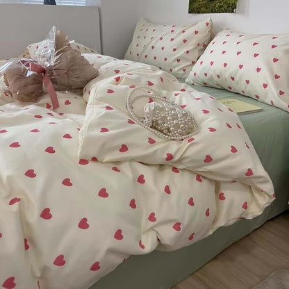 Nayoroom Heart Duvet Cover Full Size Kawaii Pink Heart Printed on Cream White Bedding Set 3Pcs Kids Girls Cute Heart-Shaped Pattern Comforter Cover with Zipper Closure Soft Breathable Microfiber