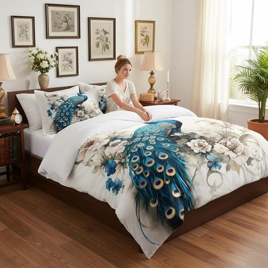 King Size Comforter Set for Women,Teal Peacock Feather Bedding Set with Blue and White Floral,Elegant Watercolor Bird Flowers Decor,3Pcs Soft Fluffy Microfiber with 2 Pillowcases,104 * 90