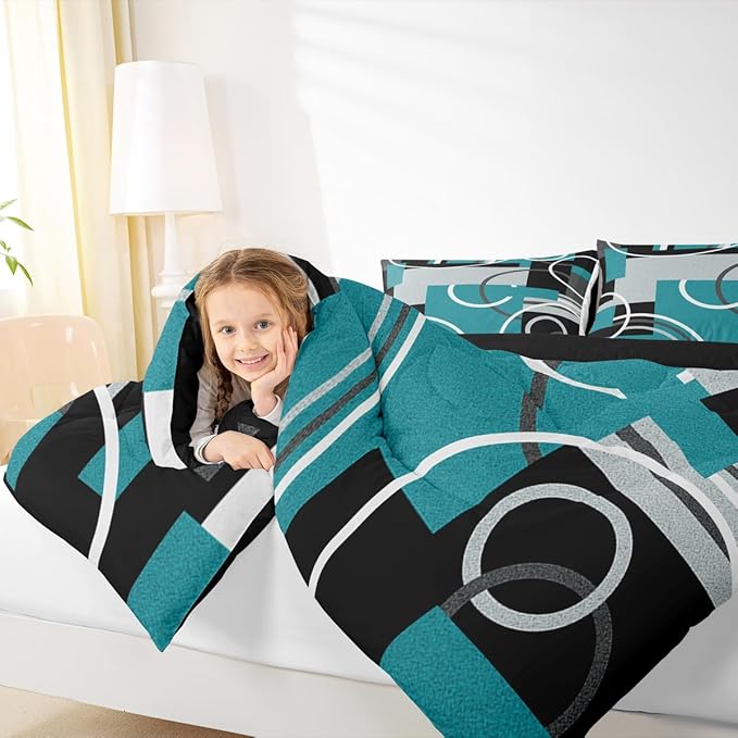 Modern Turquoise Decor Comforter Full Geometric Circles Gird Bedding Set For Boys Girls Kids Teens Adult Black Grey Down Comforter Stripe Swirls Duvet Set Modern Graphic Texture Quilted Comforter