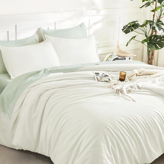 Litanika Ivory Comforter Set King Size, 3 Pieces Lightweight Solid Bedding Comforter Set, All Season Fluffy Bed Set (104x90In Comforter & 2 Pillowcases)