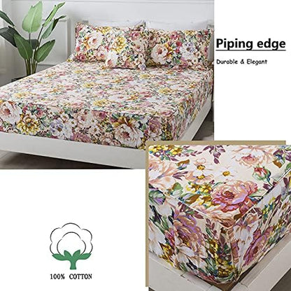 FADFAY Floral Sheets Set California King 100% Cotton Shabby Garden Flower Orange Pink Vintage Peony Bedding 600TC Elegant Cottagecore Bedding Soft Deep Pocket Bed Sheets Set, 4Pcs