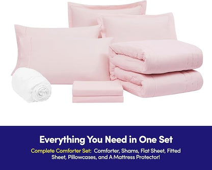 Full Size Comforter Set Quilted Stripe Bedding Bundle – Comforter, Mattress Protector, Sheets with Pockets on the Side & Built-in Corner Strap – Fitted Sheet Media Pocket for Devices, Pale Pink