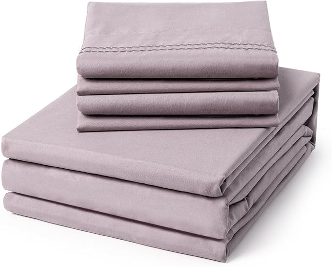 ClevaHome Twin Size Sheet Set - 4 Piece Soft Breathable Luxury Bed Sheet Set - Shrinkage & Fade Resistant Embroidered Bedding Sheet with Deep Pocket, 2 Extra Pillowcases (Twin, Purple Dove)