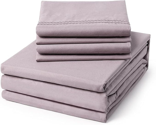 ClevaHome Twin Size Sheet Set - 4 Piece Soft Breathable Luxury Bed Sheet Set - Shrinkage & Fade Resistant Embroidered Bedding Sheet with Deep Pocket, 2 Extra Pillowcases (Twin, Purple Dove)