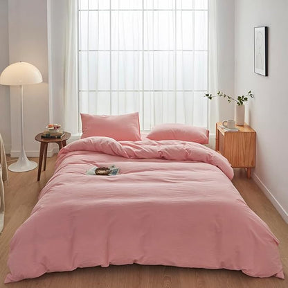 FACE TWO FACE Bedding Duvet Cover Set100% Washed Cotton Duvet Cover Linen Like Textured Breathable Durable Soft Comfy (Full, Light Pink)