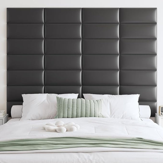 IFNOW Wall Mounted Headboard, Peel and Stick Panels, Black, King | Upholstered 3D Soundproof Acoustic Panels Reusable and Removable Padded Leather Bed Headboard, 12 Panels 9.84" x 23.62"