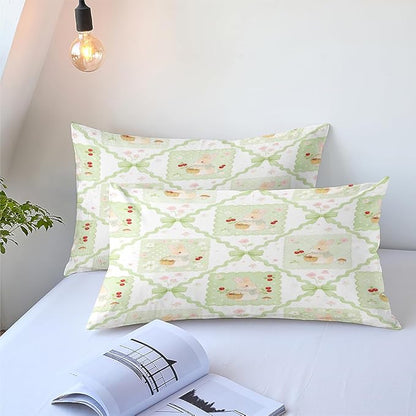 Gingham Cherry Bedding Set for Girls Twin Size, 2 Pieces Green Bunny Animal Printed Comforter Set, 100% Microfiber, Includes 1 Comforter (68" x 90") and 1 Pillowcase