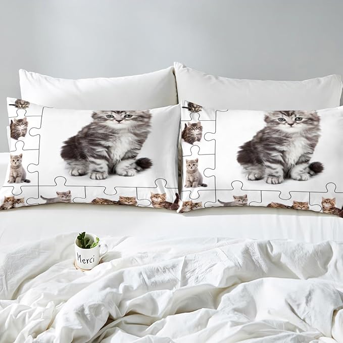 3D Cats Print Bedding Set Cute Pet Theme Duvet Cover Set Lovely Kittens Kids Comforter Cover Set Cartoon Animal Bedspread Cover Bedroom Quilt Cover 2Pcs Twin with 1 Pillowcase,No Comforter