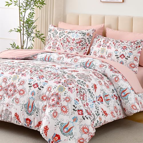 DHSFKBE Boho Comforter Set King - 7 Pieces Bed in a Bag Floral Design, Bohemian Comforter Set with Sheets, Soft Microfiber Complete Bedding Sets All Season (Light Pink, King)