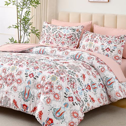 DHSFKBE Boho Comforter Set King - 7 Pieces Bed in a Bag Floral Design, Bohemian Comforter Set with Sheets, Soft Microfiber Complete Bedding Sets All Season (Light Pink, King)