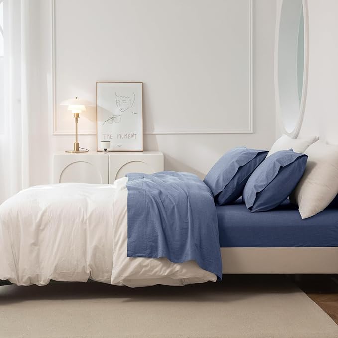 JIYUAN California King Size Sheet Set, 4-Piece - 100% Washed Cotton, Linen-Like Soft & Breathable, Includes Deep Pocket Fitted & Flat Sheet with 2 Pillowcases, Hotel Quality, Heathered Blue