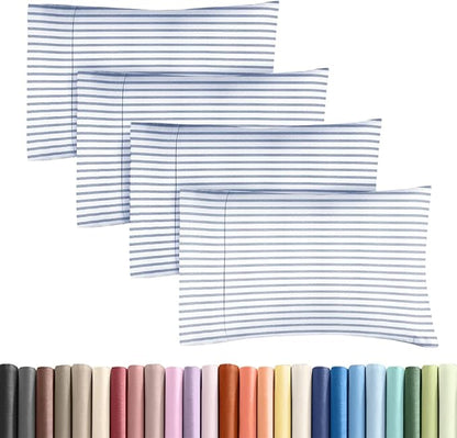 King Standard Pillow Cases Set of 4 - Soft Hotel Quality Pillowcase Covers - Comfy Bedding for Women, Men, Kids & Teens - Machine Washable Pillow Protectors - 4 Piece Set - King Standard Blue Stripes